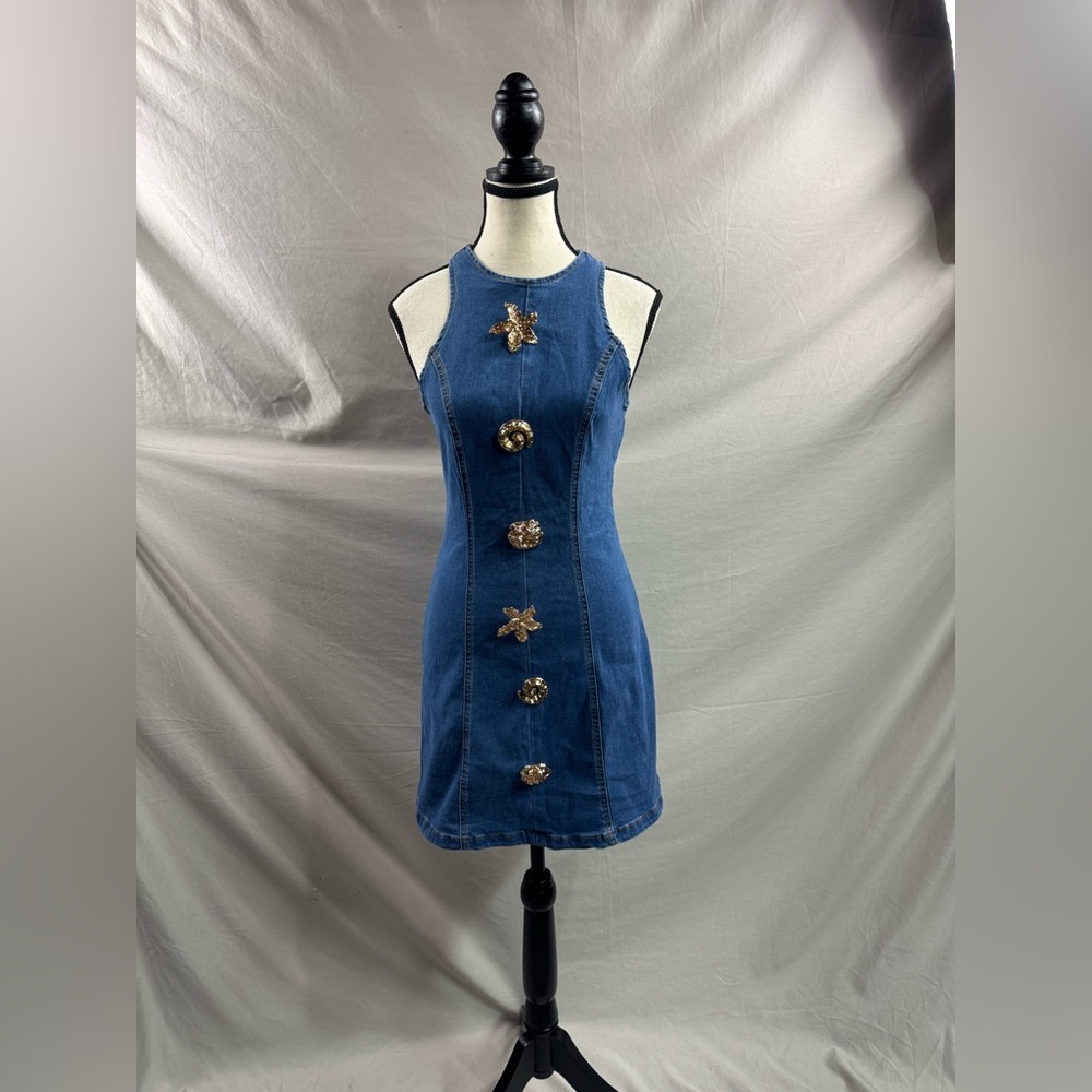 🔥🔥Mini Denim Dress Gold Button Deco Blue - Picture 7 of 9